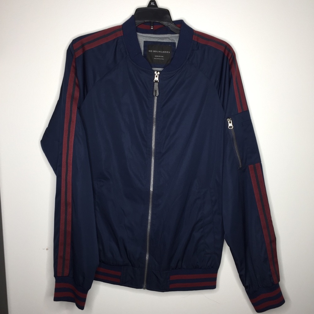 No Boundaries Navy Blue/Red Striped Bomber Jacket